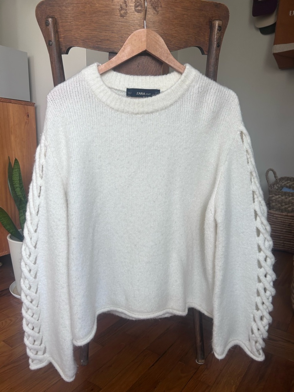 ZARA Cream Crewneck Sweater with Braided Sleeve Detail